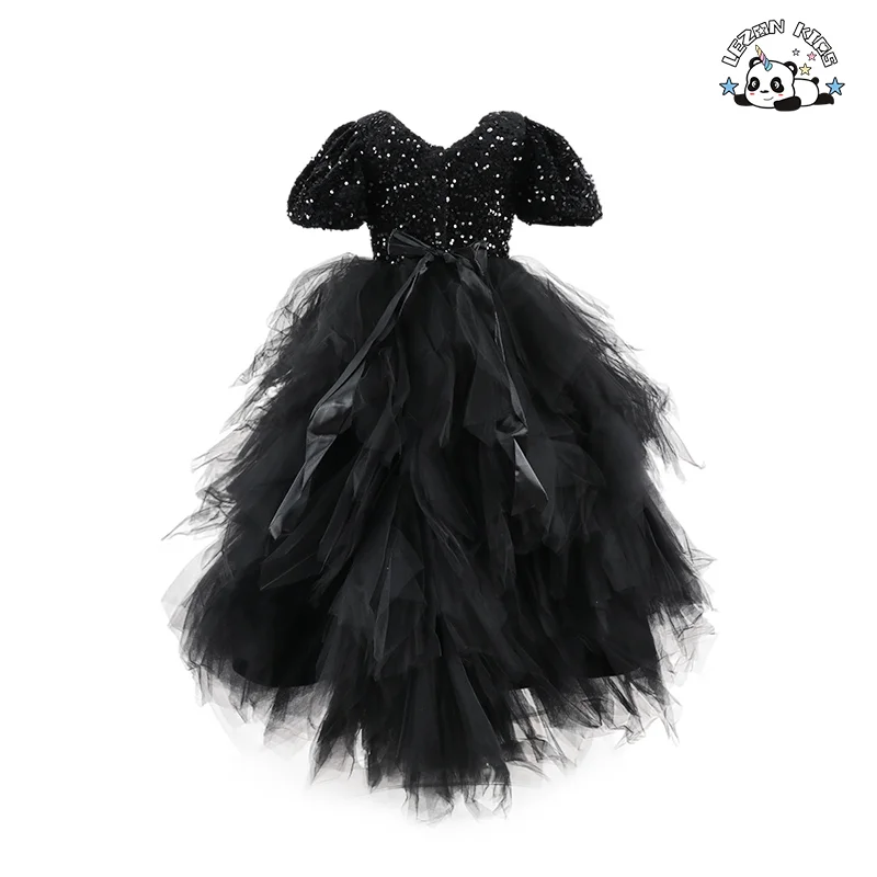 LEZONKIDS - High-end Kid Girls Dress Princess Mesh Trailing Dress Black Sequin Evening Dress for Piano Performance